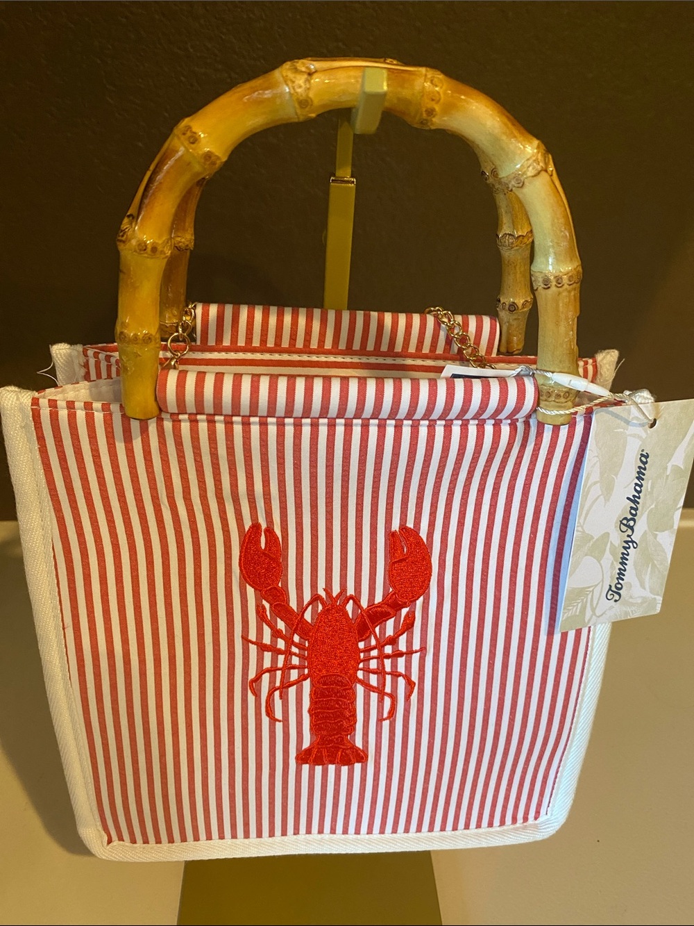 Tommy Bahama Red and White Striped Canvas Tote with Bamboo Handles